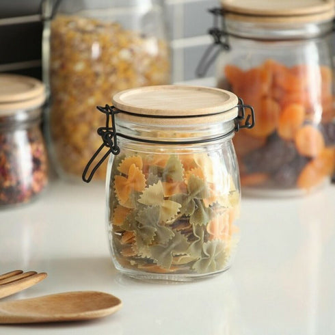 Tarro de Cristal Transparente Versa Bambú (10,8 x 14 x 10,8 cm) 700 ml