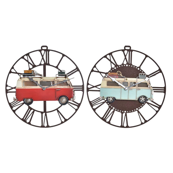 Reloj de Pared DKD Home Decor Furgoneta 34 x 3,5 x 32,5 cm Rojo Metal Celeste Vintage (2 Unidades)
