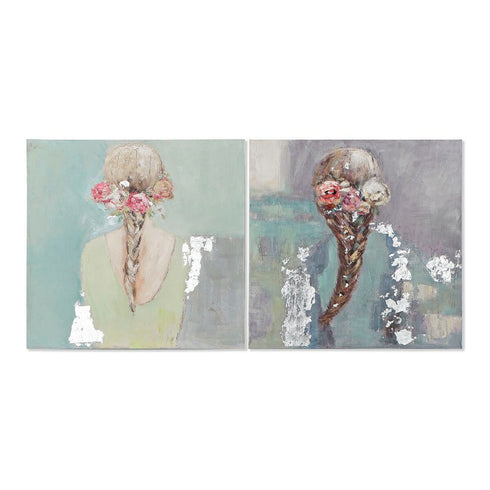 Cuadro DKD Home Decor Fur Train 80 x 3,5 x 80 cm Mujer Shabby Chic (2 Unidades)