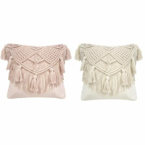 Cojín DKD Home Decor Blanco Beige Rosa claro Cuadrada Flecos Boho 45 x 10 x 45 cm (2 Unidades)