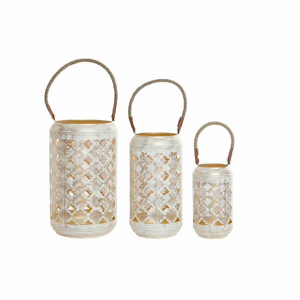 Set de Portavelas DKD Home Decor (3 pcs) Dorado Metal Cuerda Blanco Jute (25 x 25 x 46 cm)