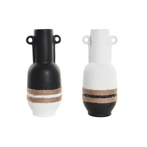 Jarrón DKD Home Decor Cerámica Negro Marrón Cuerda Blanco 12 x 12 x 29 cm (2 Unidades)