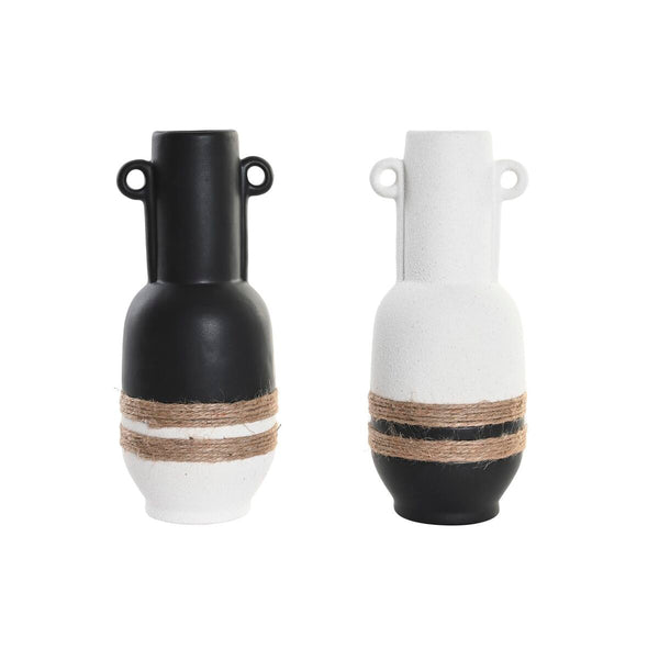 Jarrón DKD Home Decor Cerámica Negro Marrón Cuerda Blanco 12 x 12 x 29 cm (2 Unidades)