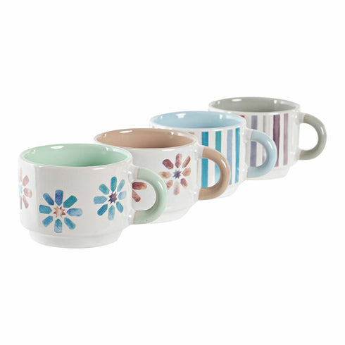 Juego de Tazas de Café DKD Home Decor Rayas Flores Metal Gres 150 ml 4 Piezas
