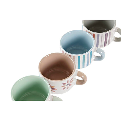 Juego de Tazas de Café DKD Home Decor Rayas Flores Metal Gres 150 ml 4 Piezas