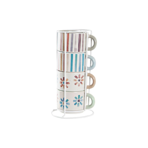 Juego de Tazas de Café DKD Home Decor Rayas Flores Metal Gres 150 ml 4 Piezas