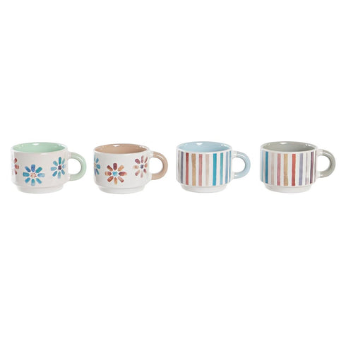 Juego de Tazas de Café DKD Home Decor Rayas Flores Metal Gres 150 ml 4 Piezas