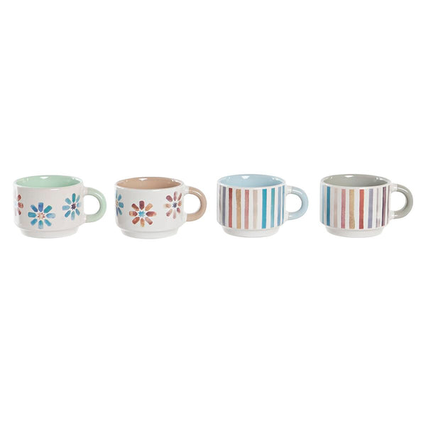 Juego de Tazas de Café DKD Home Decor Rayas Flores Metal Gres 150 ml 4 Piezas