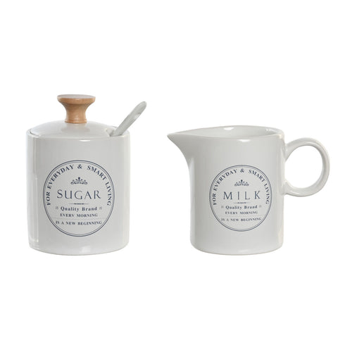 Lechera y azucarero DKD Home Decor 11 x 7,5 x 9 cm Blanco Gres